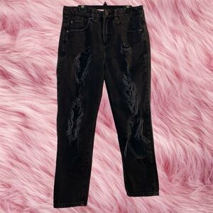 Garage Distressed Black High Waisted Denim Mom Jeans